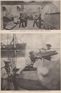 LOADING A BATTERY OF FIVE-INCH DECK CANNON TAKING AIM WITH A QUICK-FIRING MACHINE GUN